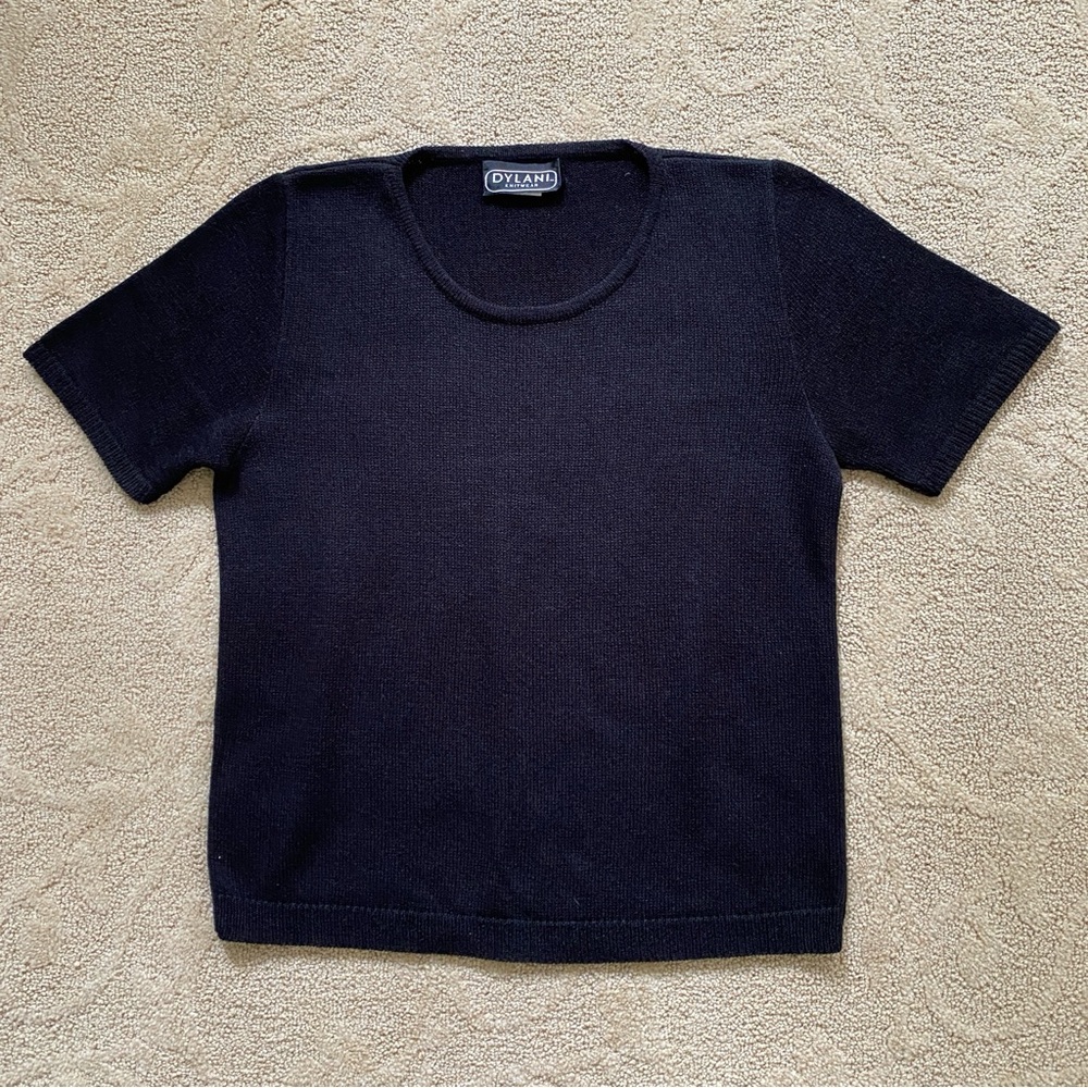 Dylani Knitwear Black Short Sleeve Blouse Top Womens Size XS Scoop Neck Luxury